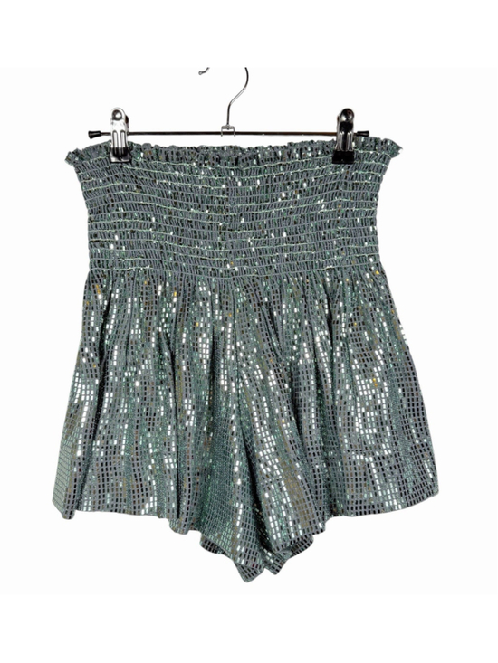 Queen Of Sparkles Pants - Queen of Sparkles Blue Shiny Pleated Metallic High Waist Women Shorts Size Small